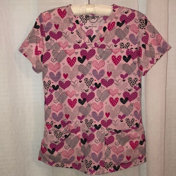 Happy Scrubs XS Heart Print Pink Black Scrub Top - Picture 1 of 14